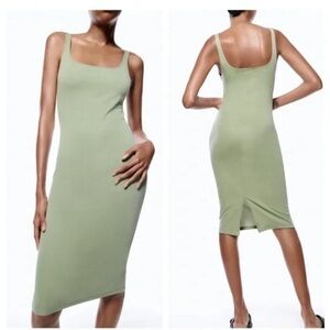 Zara Sage Green Trim Midi Sleeveless Bodycon Dress